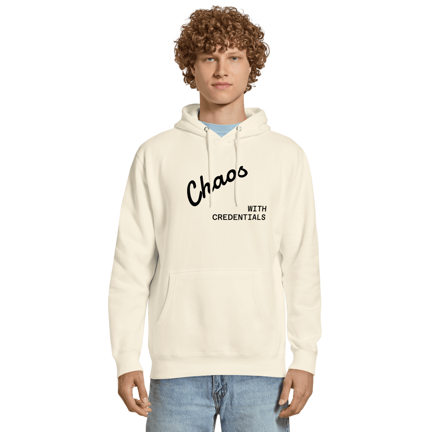 Affirmation Arc Hoodie – Custom Mantra & Value featuring chaos with credentials design on a cream hoodie.