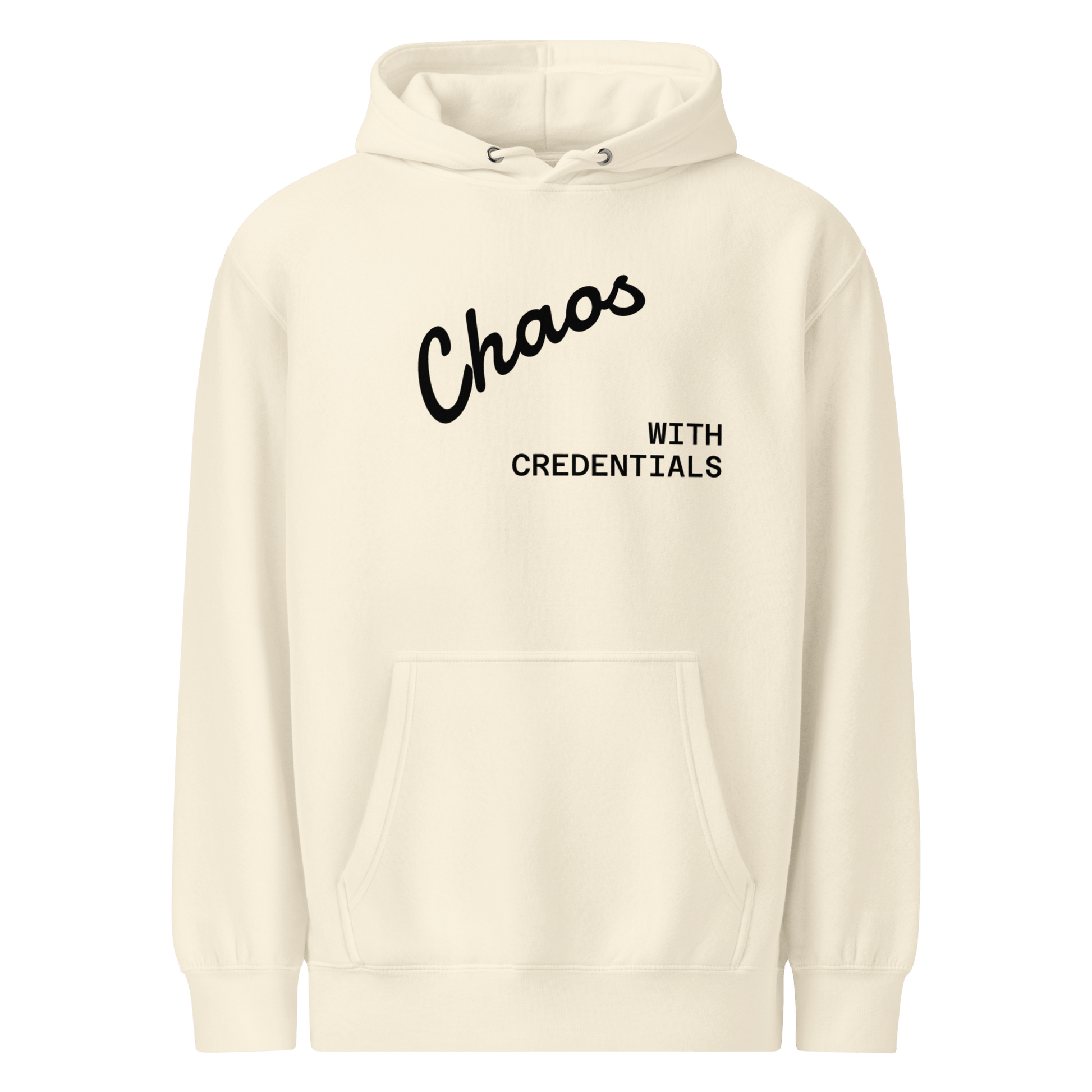 Affirmation Arc Hoodie – Custom Mantra & Value showcasing chaos with credentials design in a cozy beige fabric.