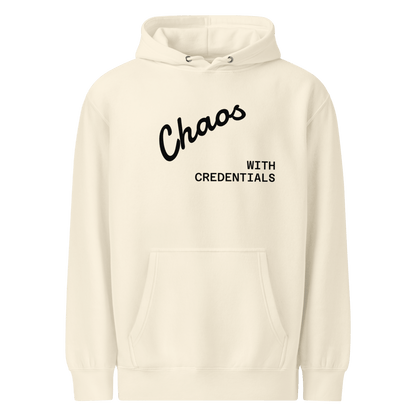Affirmation Arc Hoodie – Custom Mantra & Value showcasing chaos with credentials design in a cozy beige fabric.