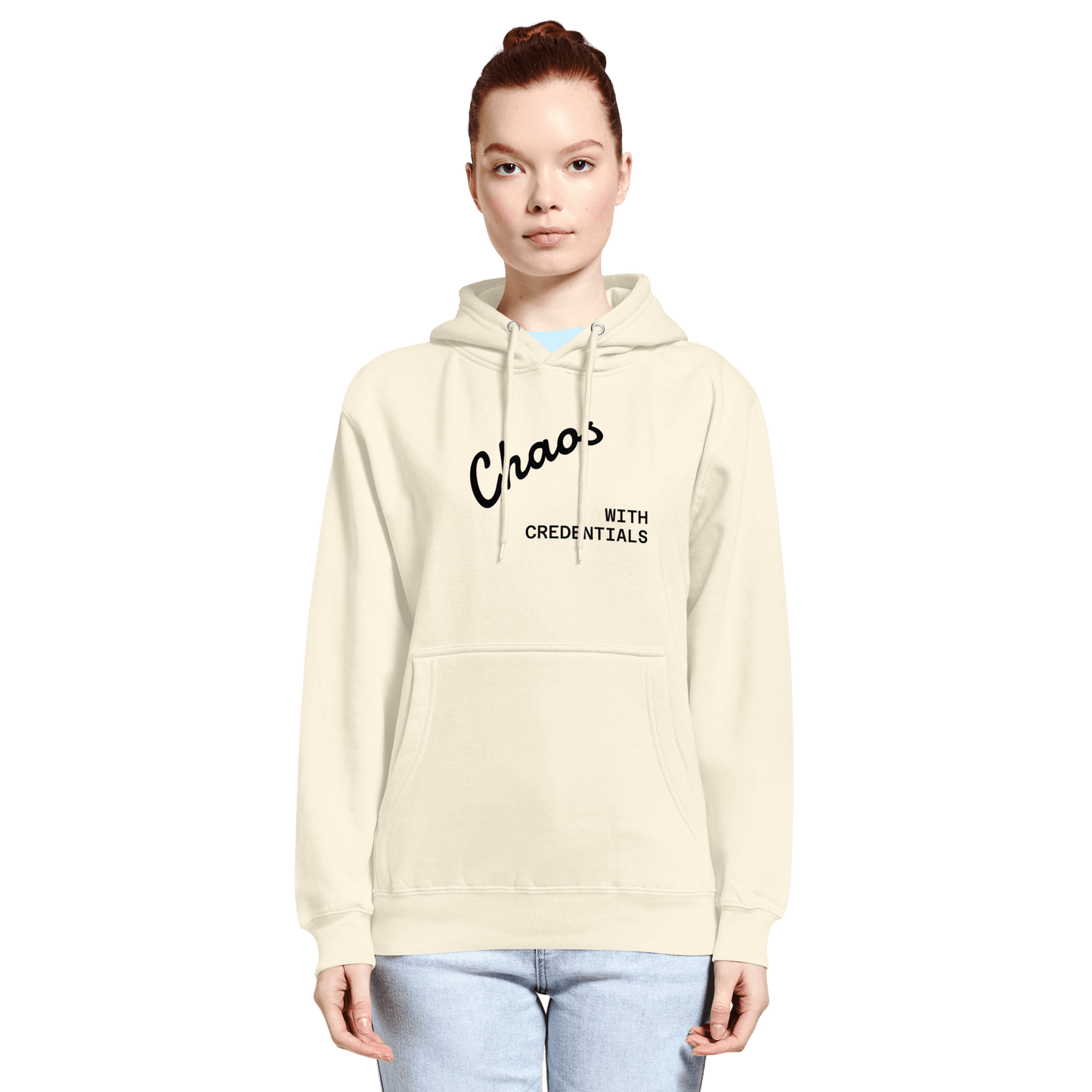 Affirmation Arc Hoodie – Custom Mantra & Value worn by a model in cream color, featuring unique text design.