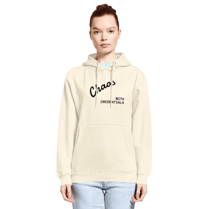 Affirmation Arc Hoodie – Custom Mantra & Value worn by a model in cream color, featuring unique text design.