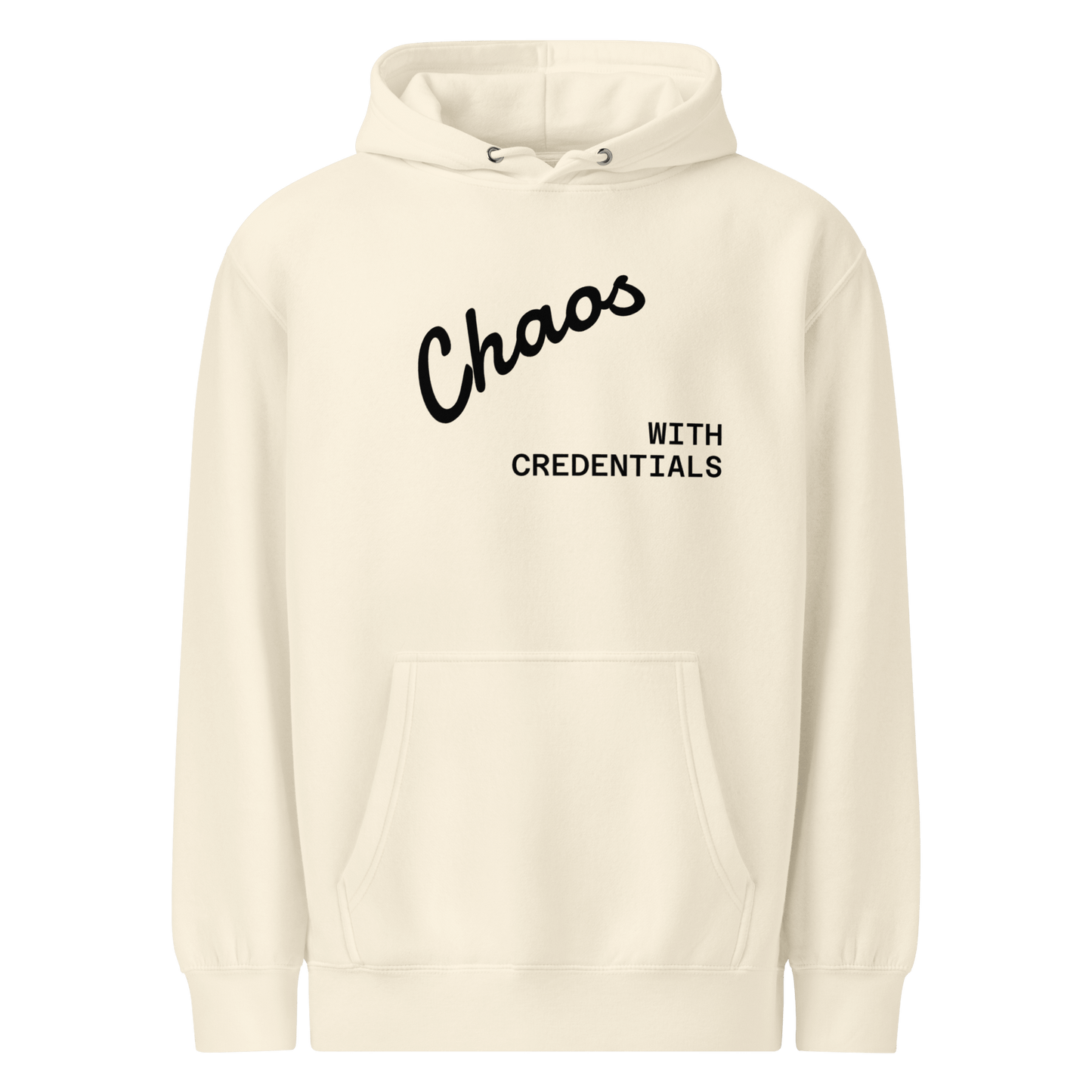 Affirmation Arc Hoodie – Custom Mantra & Value showcasing stylish design with the phrase 'Chaos WITH CREDENTIALS'.