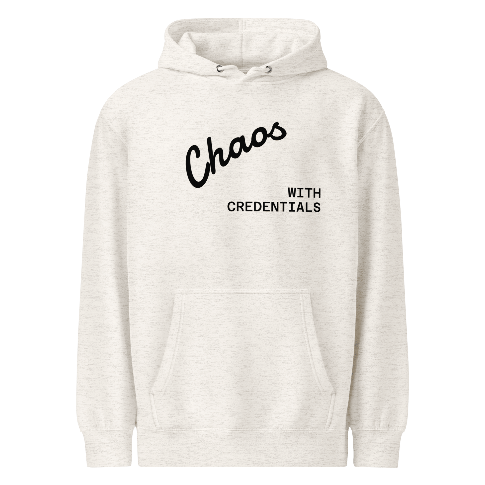 Affirmation Arc Hoodie – Custom Mantra & Value in gray with stylish 'Chaos WITH CREDENTIALS' text.