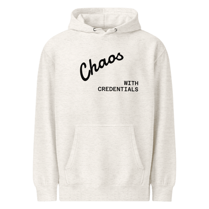 Affirmation Arc Hoodie – Custom Mantra & Value in gray with stylish 'Chaos WITH CREDENTIALS' text.