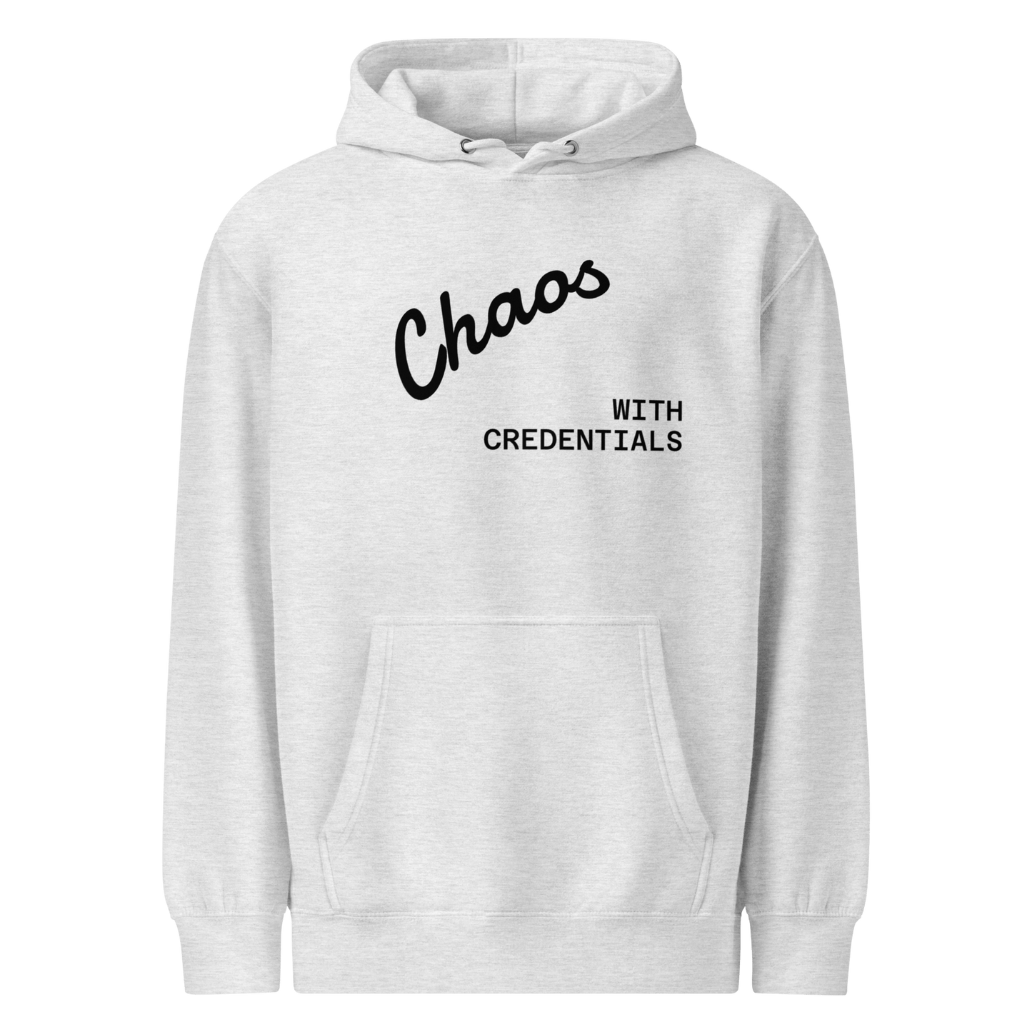Affirmation Arc Hoodie – Custom Mantra & Value in gray featuring 'Chaos with Credentials' text design.