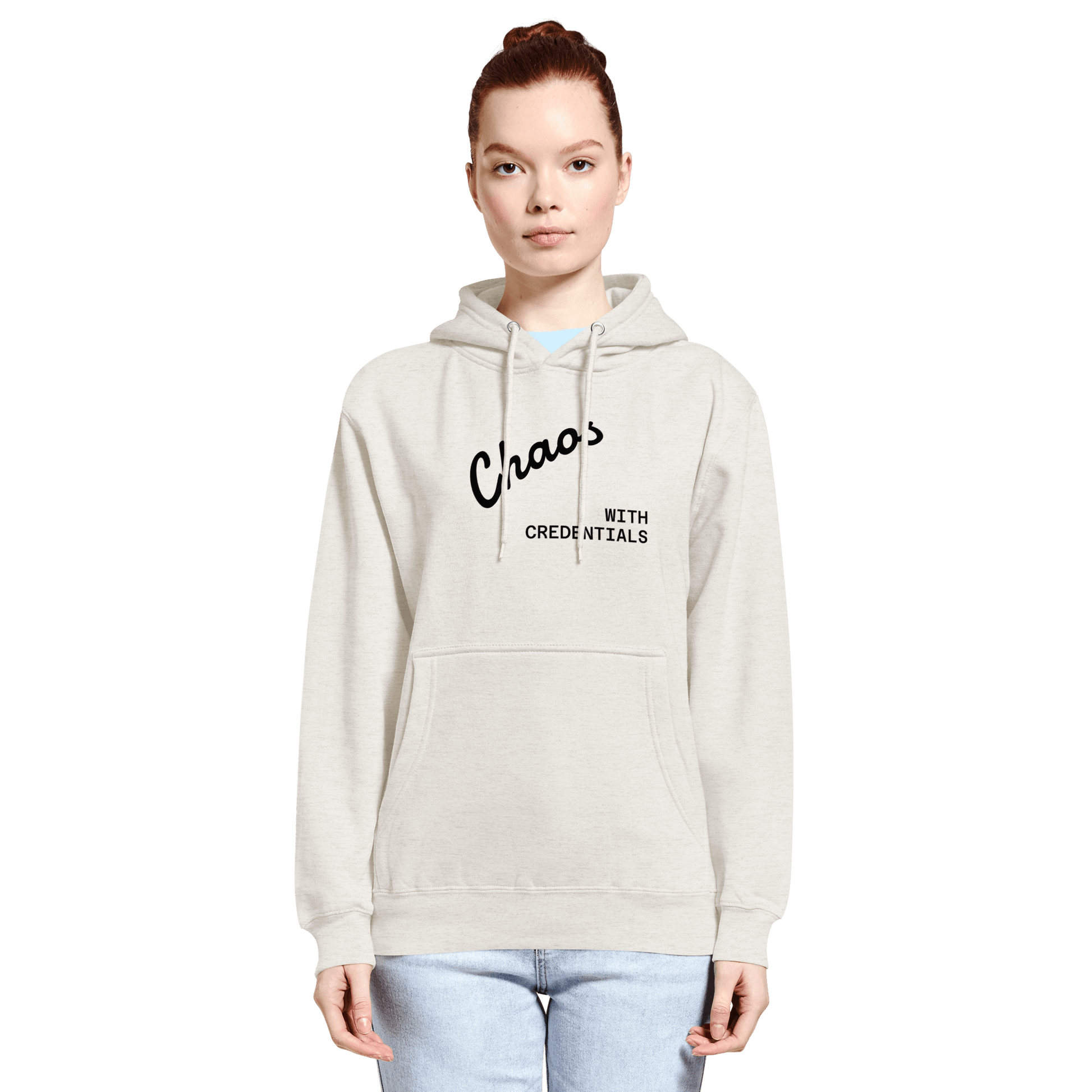Affirmation Arc Hoodie – Custom Mantra & Value in light beige with 'Chaos with Credentials' design