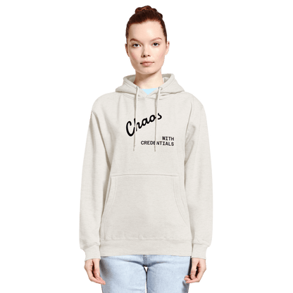Affirmation Arc Hoodie – Custom Mantra & Value in light beige with 'Chaos with Credentials' design