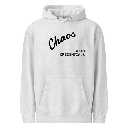 Affirmation Arc Hoodie – Custom Mantra & Value with 'Chaos with Credentials' design in bold print.