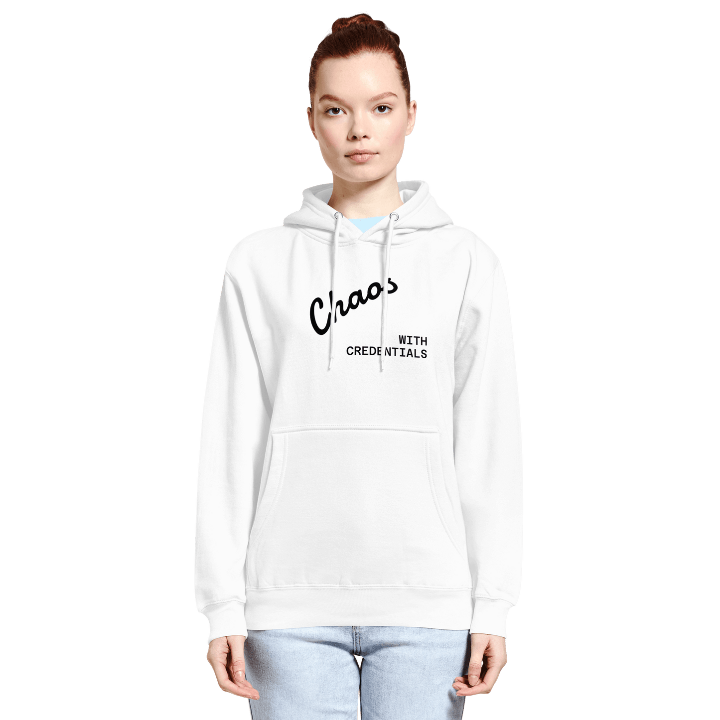 Affirmation Arc Hoodie – Custom Mantra & Value worn by model, showcasing bold text design.