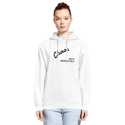 Affirmation Arc Hoodie – Custom Mantra & Value worn by model, showcasing bold text design.