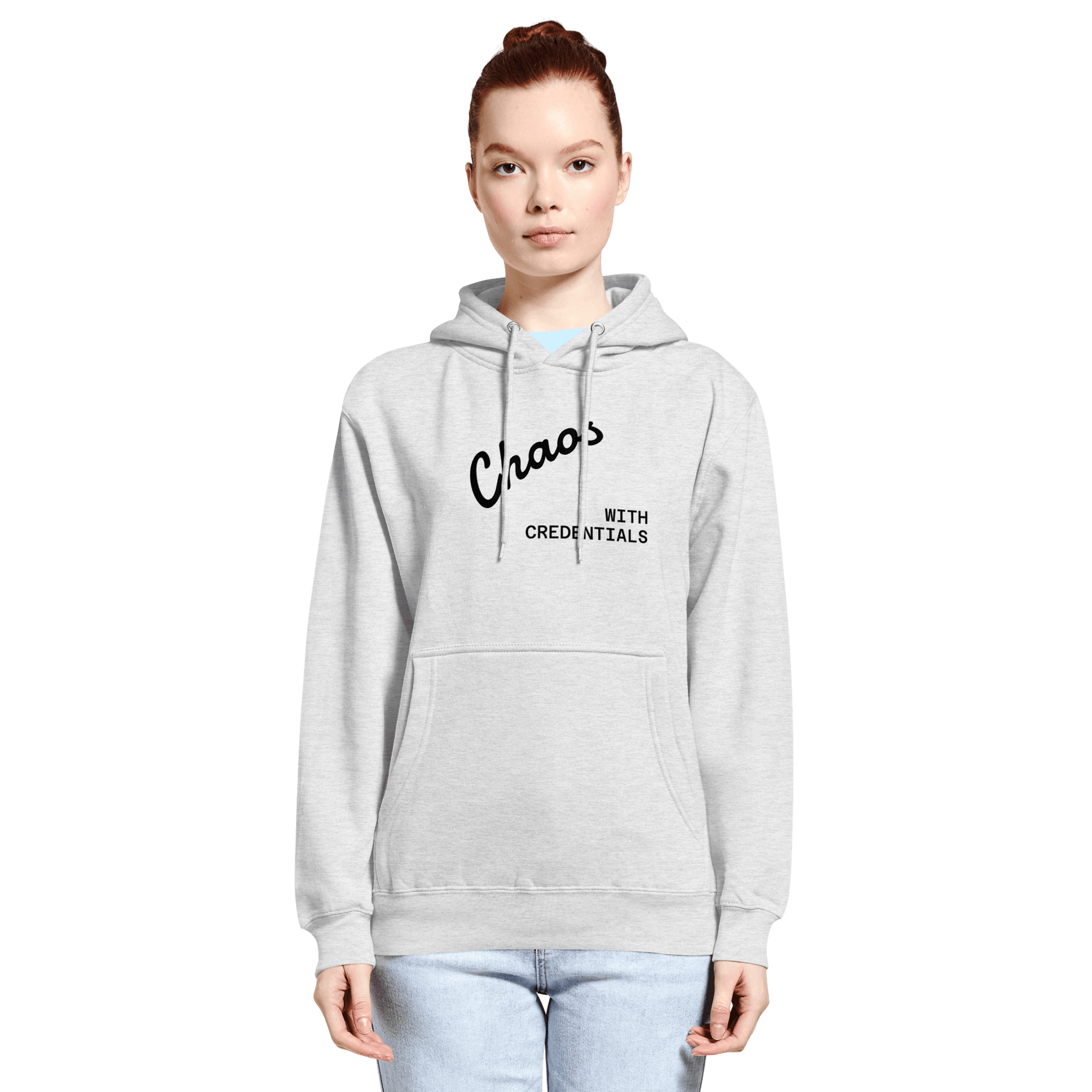 Affirmation Arc Hoodie – Custom Mantra & Value worn by a model, showcasing a bold 'Chaos with Credentials' design.