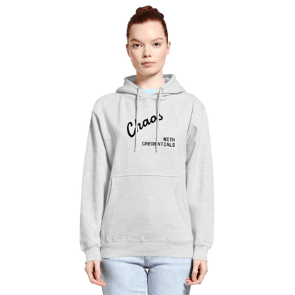 Affirmation Arc Hoodie – Custom Mantra & Value worn by a model, showcasing a bold 'Chaos with Credentials' design.