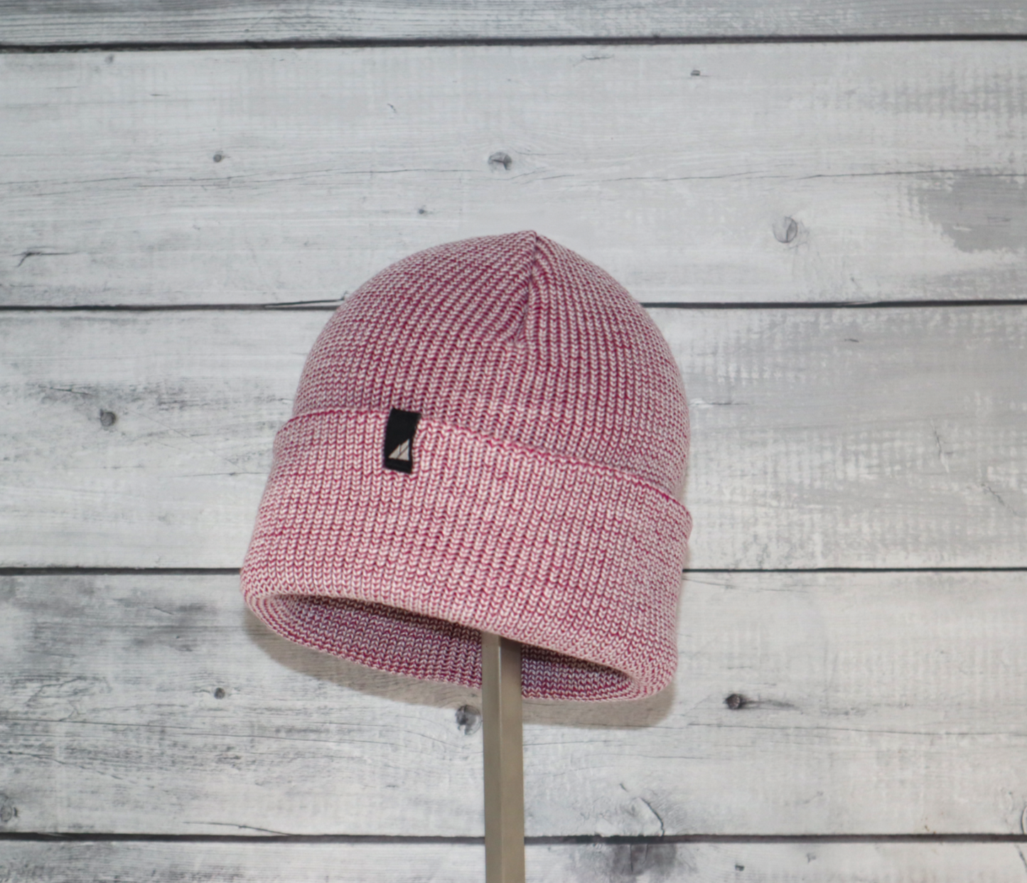 Child Acrylic Cuff Hat – Soft Knit Beanie for Kids in a pink and red design.