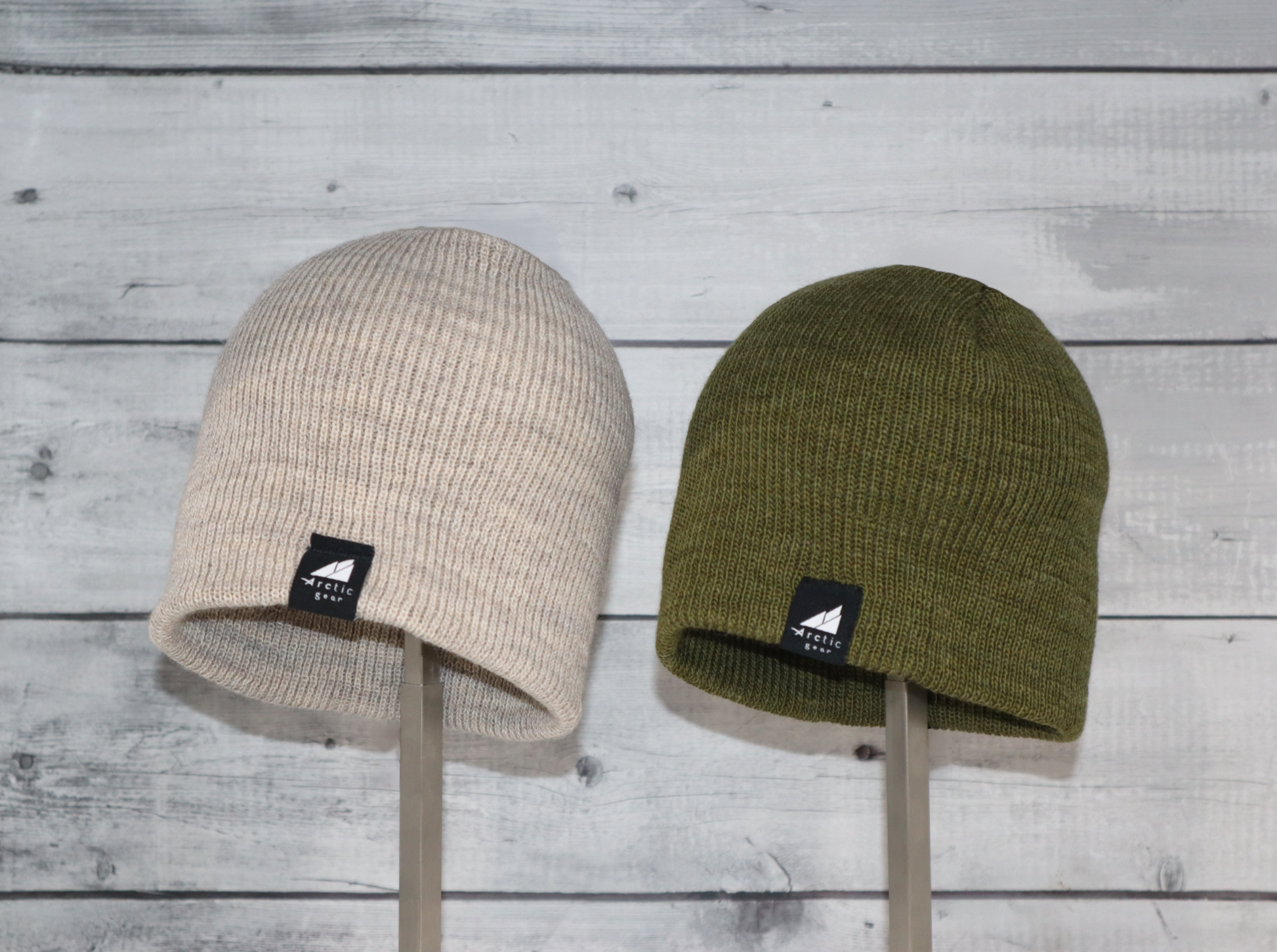 Child Acrylic Wool Beanie Multipack – Ages 3–9 in beige and olive green on display.