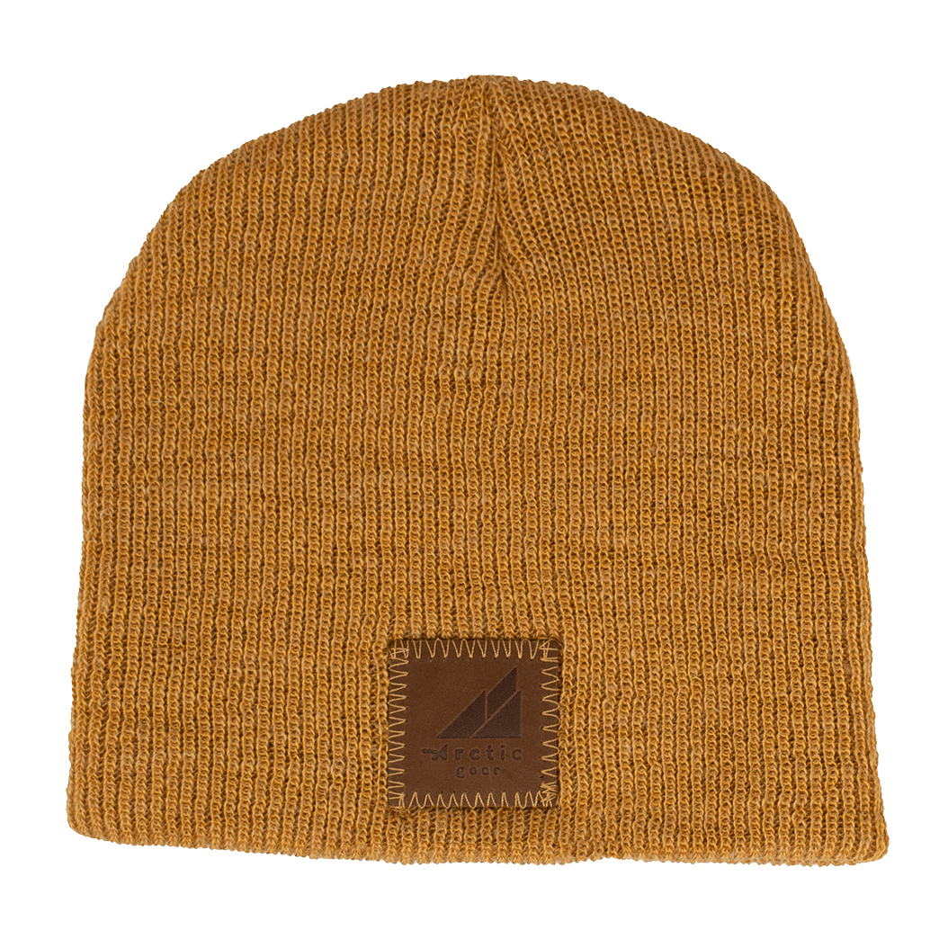 Child Acrylic Wool Beanie – Soft Winter Hat for Kids in mustard yellow with a leather label.