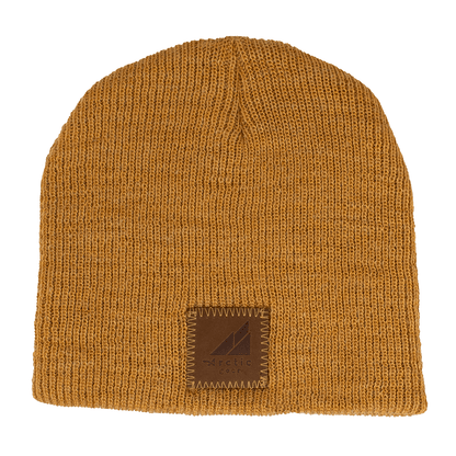 Child Acrylic Wool Beanie – Soft Winter Hat for Kids in mustard yellow with a leather label.