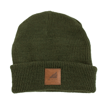 Child Wool Watch Cap – Arctic Gear Beanie for Cold Weather in olive green color with logo patch on the front.