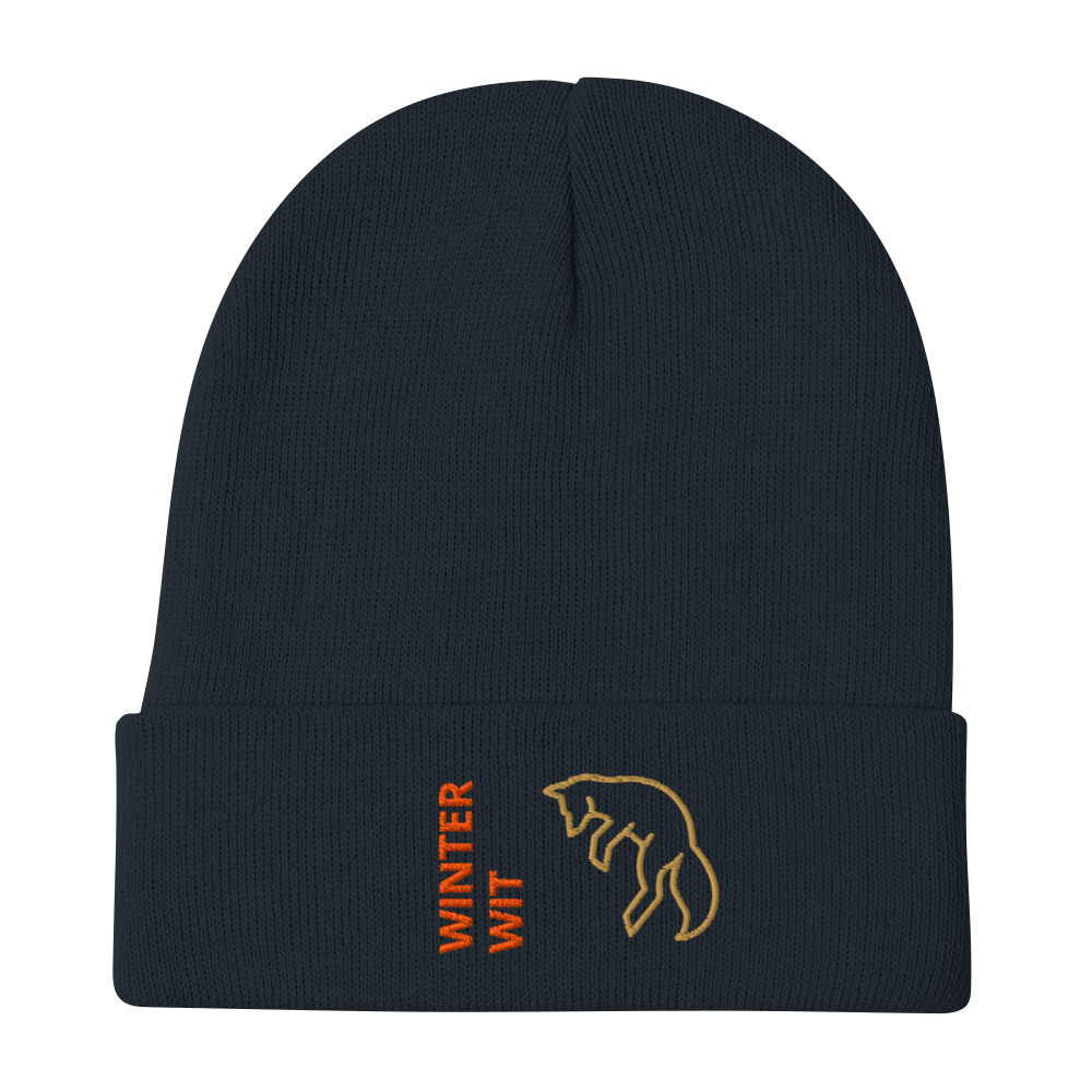 Fox Beanie – Embroidered Knit Hat with Custom Text featuring a fox silhouette and "WINTER WIT" embroidery.