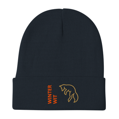 Fox Beanie – Embroidered Knit Hat with Custom Text featuring a fox silhouette and "WINTER WIT" embroidery.