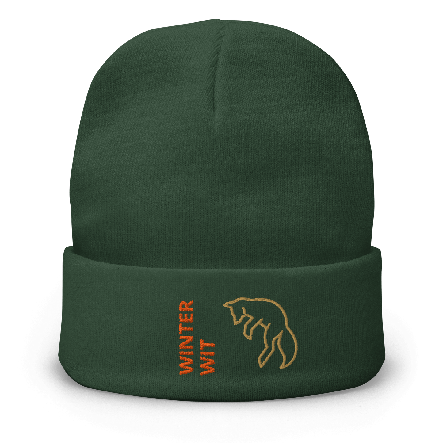 Fox Beanie – Embroidered Knit Hat with Custom Text, featuring a playful fox design and the words 'WINTER WIT'.