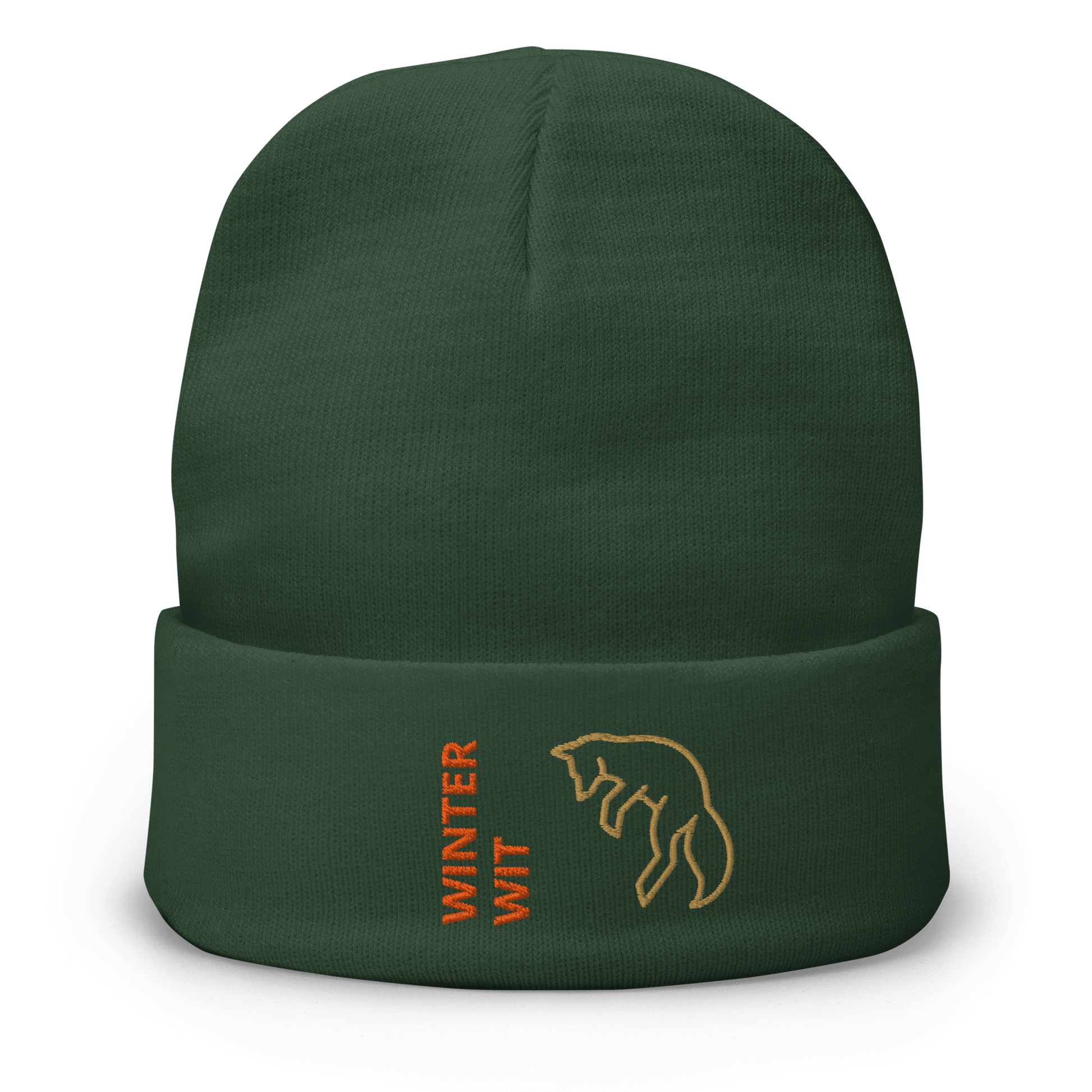 Fox Beanie – Embroidered Knit Hat with Custom Text, featuring a playful fox design and the words 'WINTER WIT'.