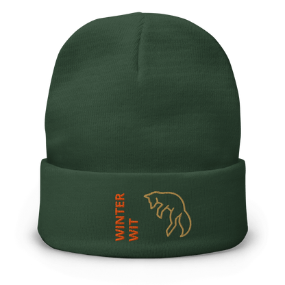 Fox Beanie – Embroidered Knit Hat with Custom Text, featuring a playful fox design and the words 'WINTER WIT'.