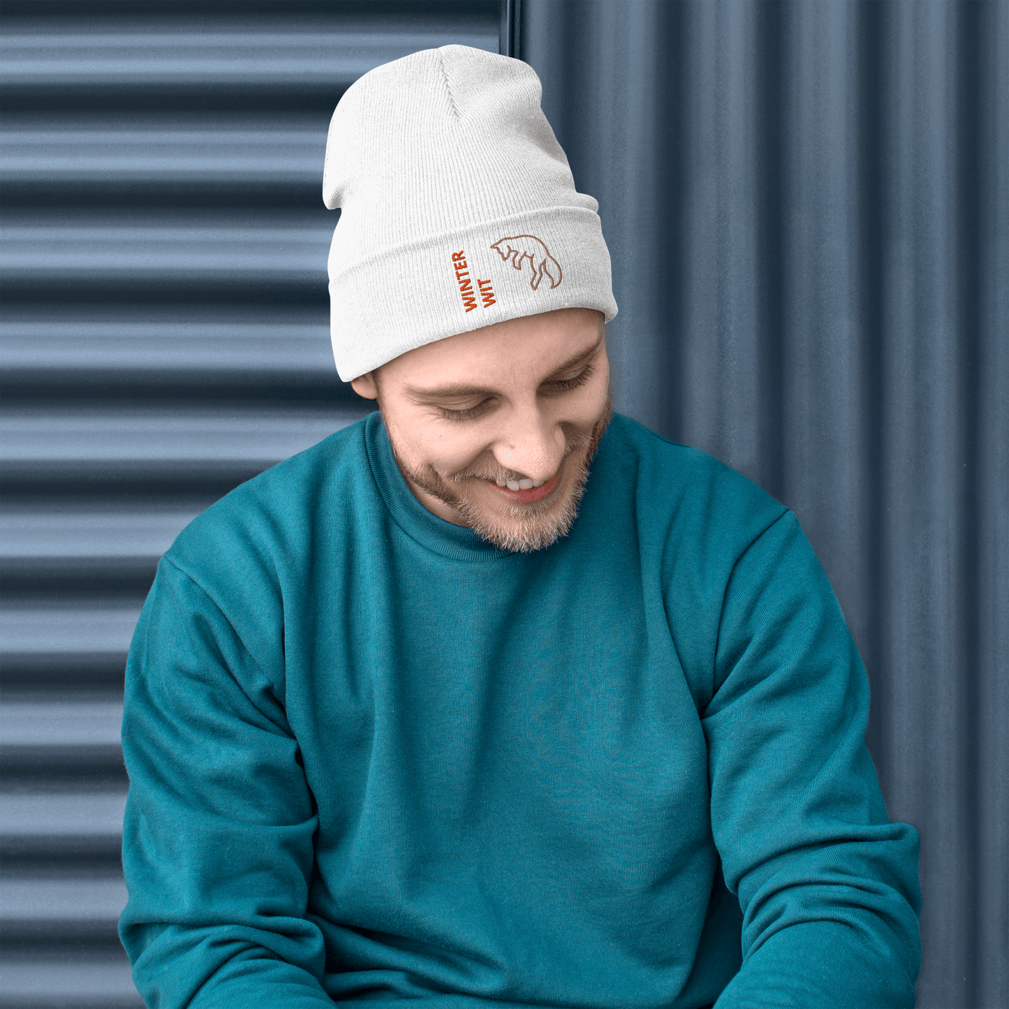 Fox Beanie – Embroidered Knit Hat with Custom Text worn by a smiling man in a cozy sweater.