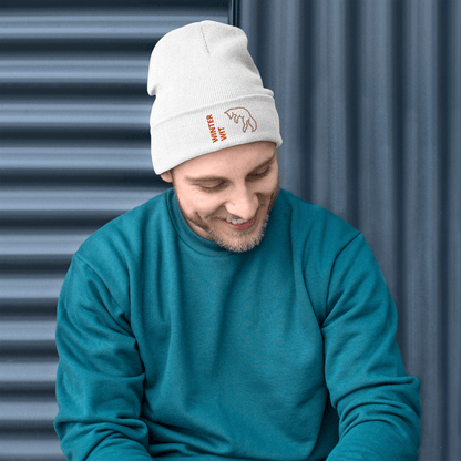Fox Beanie – Embroidered Knit Hat with Custom Text worn by a smiling man in a cozy sweater.
