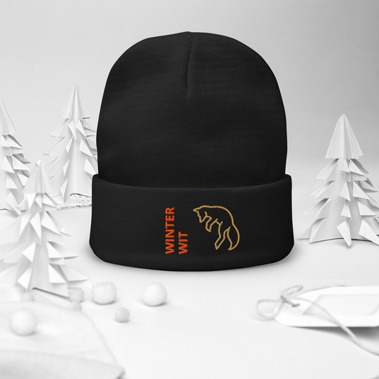 Fox Beanie – Embroidered Knit Hat with Custom Text showcasing bold design against a wintery backdrop.