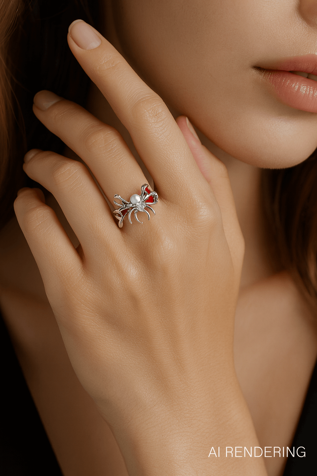 Crimson Spider Ring – Adjustable Gold-Plated Pearl & Enamel Statement