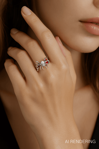 Crimson Spider Ring – Adjustable Gold-Plated Pearl & Enamel Statement