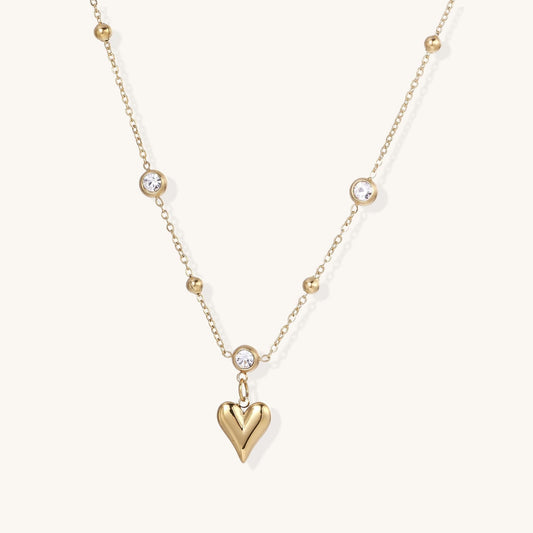 Crystal Heart Charm Necklace with Dainty 15mm Pendant and 45cm Chain featuring a gold heart charm and sparkling accents.