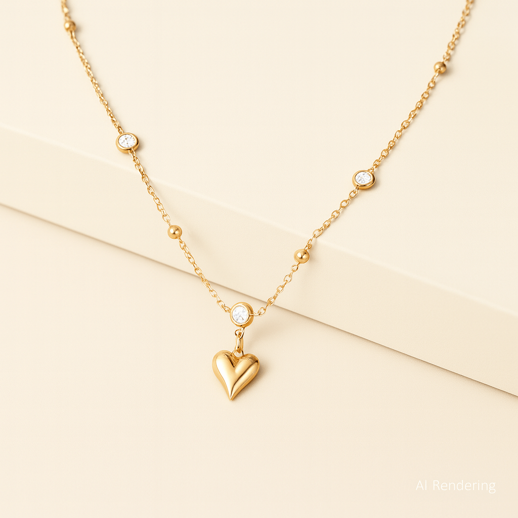 Crystal Heart Charm Necklace with Dainty 15mm Pendant and 45cm Chain on a neutral background.