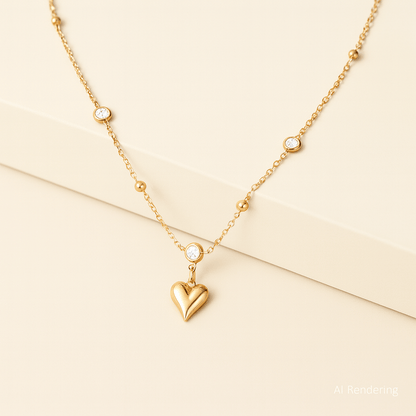 Crystal Heart Charm Necklace with Dainty 15mm Pendant and 45cm Chain on a neutral background.
