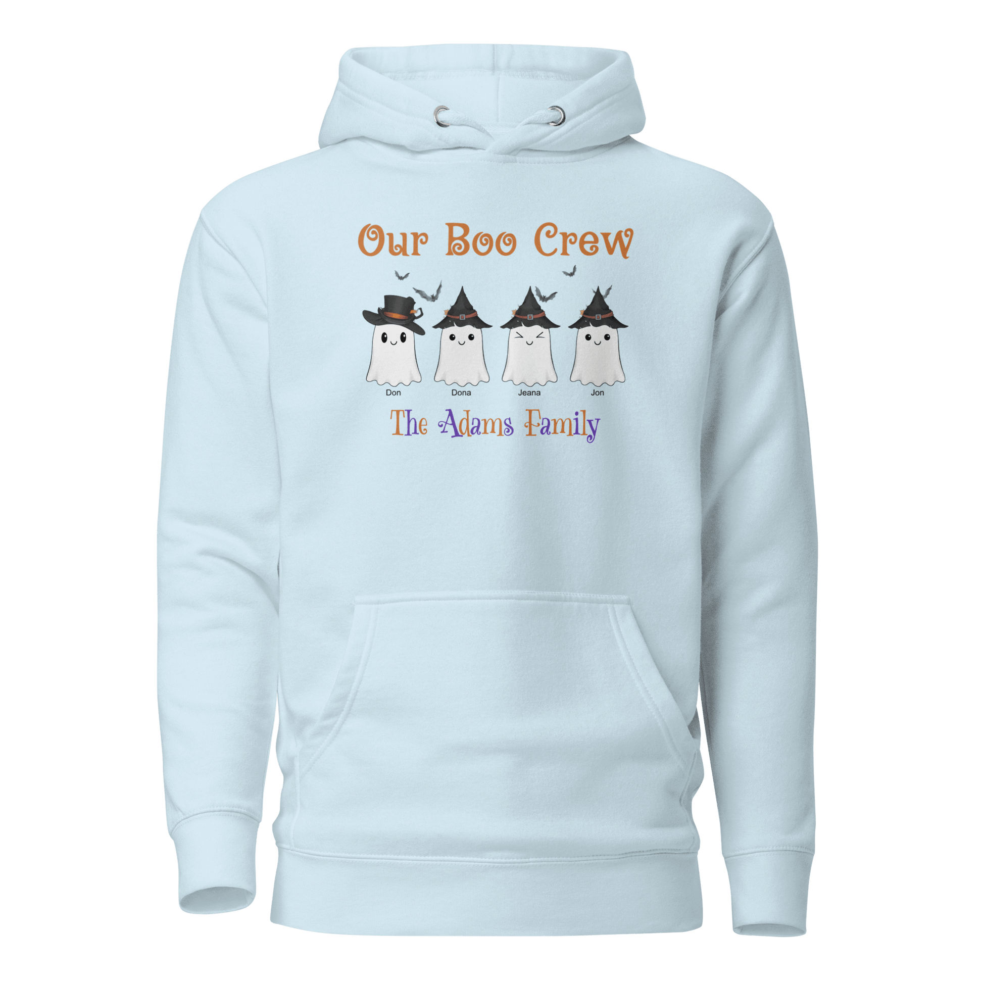 Custom Boo Crew Family Hoodie – Halloween Ghost Parade featuring four personalized ghosts and family name.
