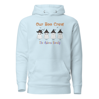 Custom Boo Crew Family Hoodie – Halloween Ghost Parade featuring four personalized ghosts and family name.