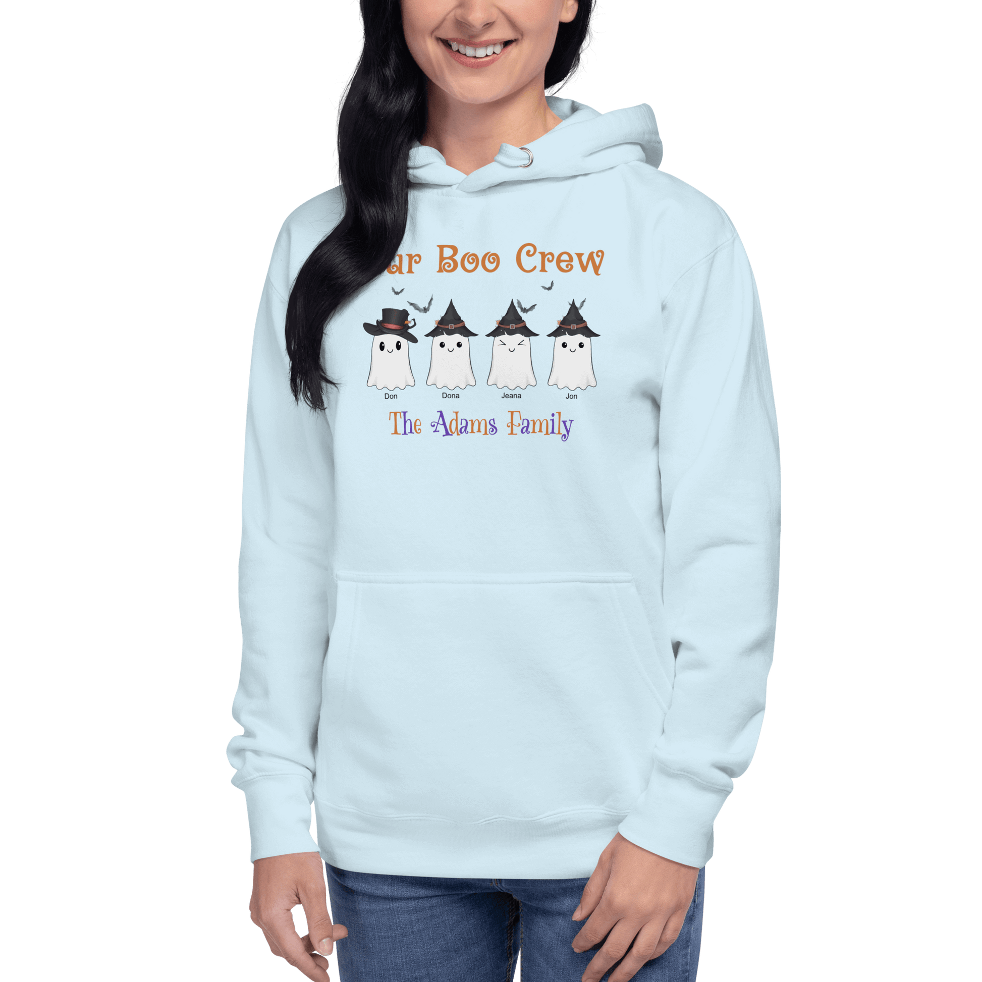 Custom Boo Crew Family Hoodie – Halloween Ghost Parade featuring personalized ghosts for family fun.