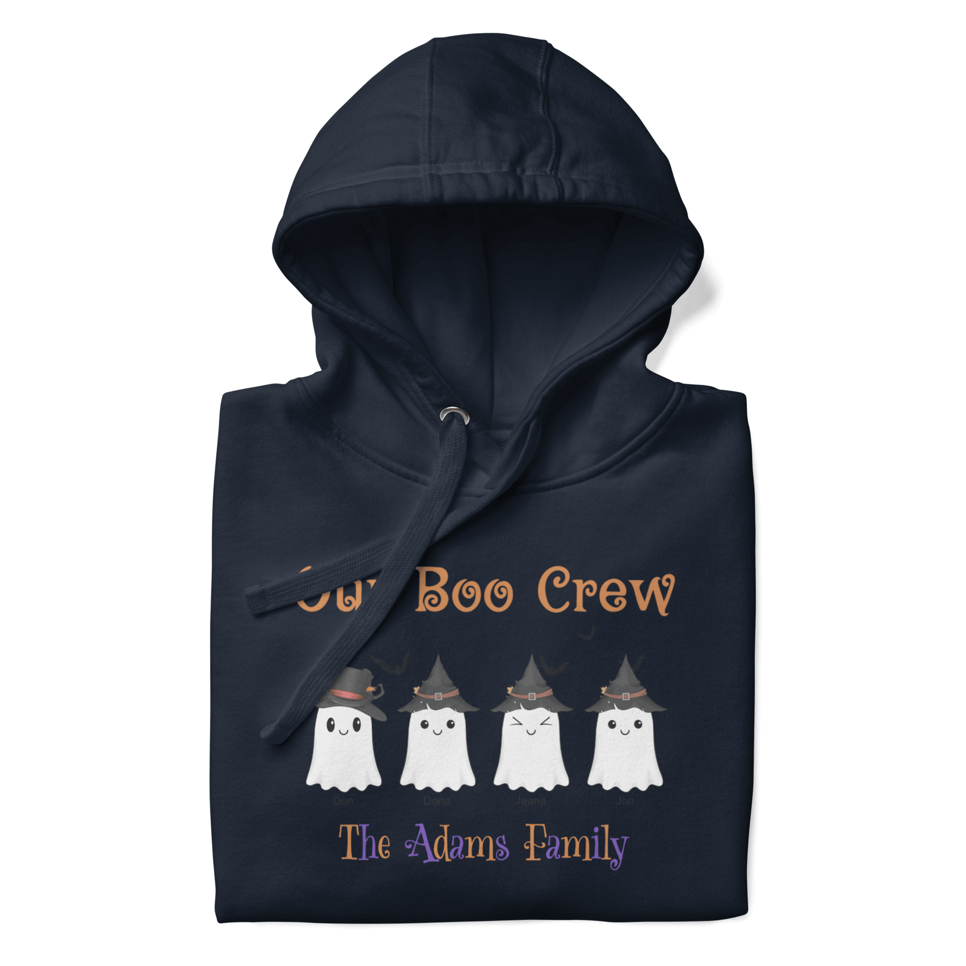 Custom Boo Crew Family Hoodie – Halloween Ghost Parade featuring cute ghost characters for a spooky family look.