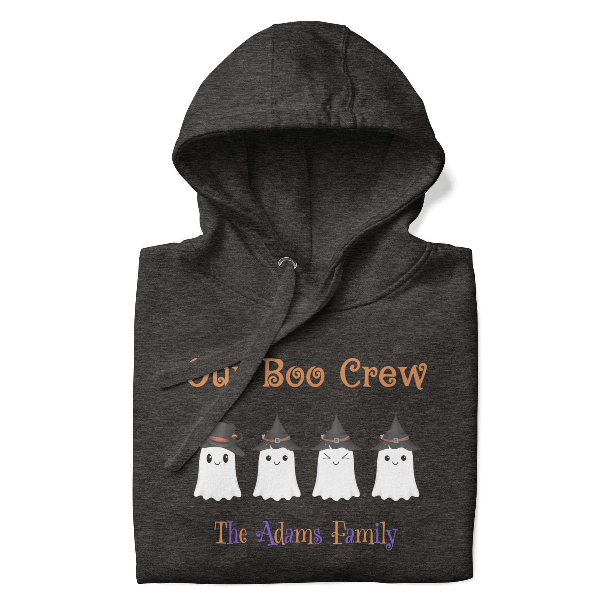 Custom Boo Crew Family Hoodie – Halloween Ghost Parade with cute ghosts design and personalized family name.
