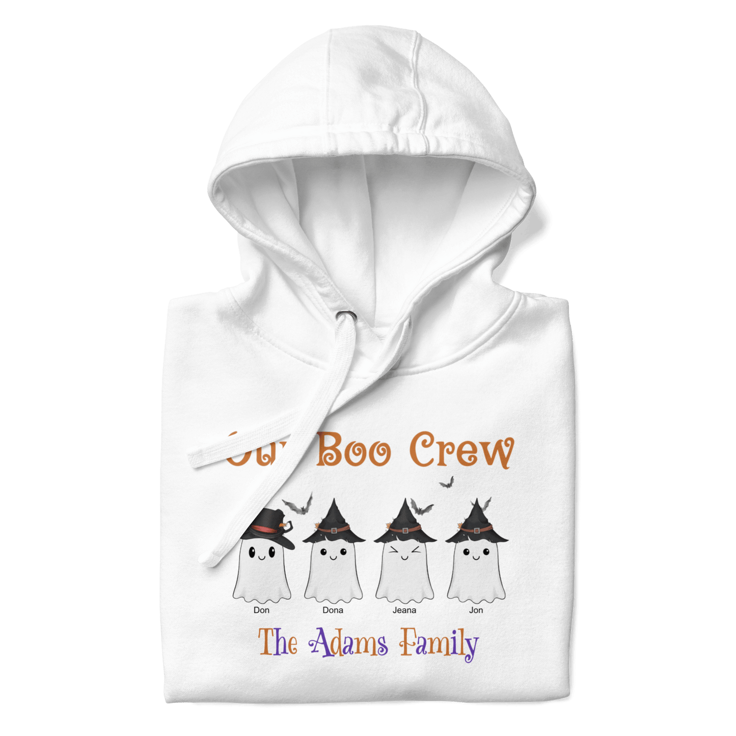 Custom Boo Crew Family Hoodie – Halloween Ghost Parade featuring personalized ghost characters for the Adams family.