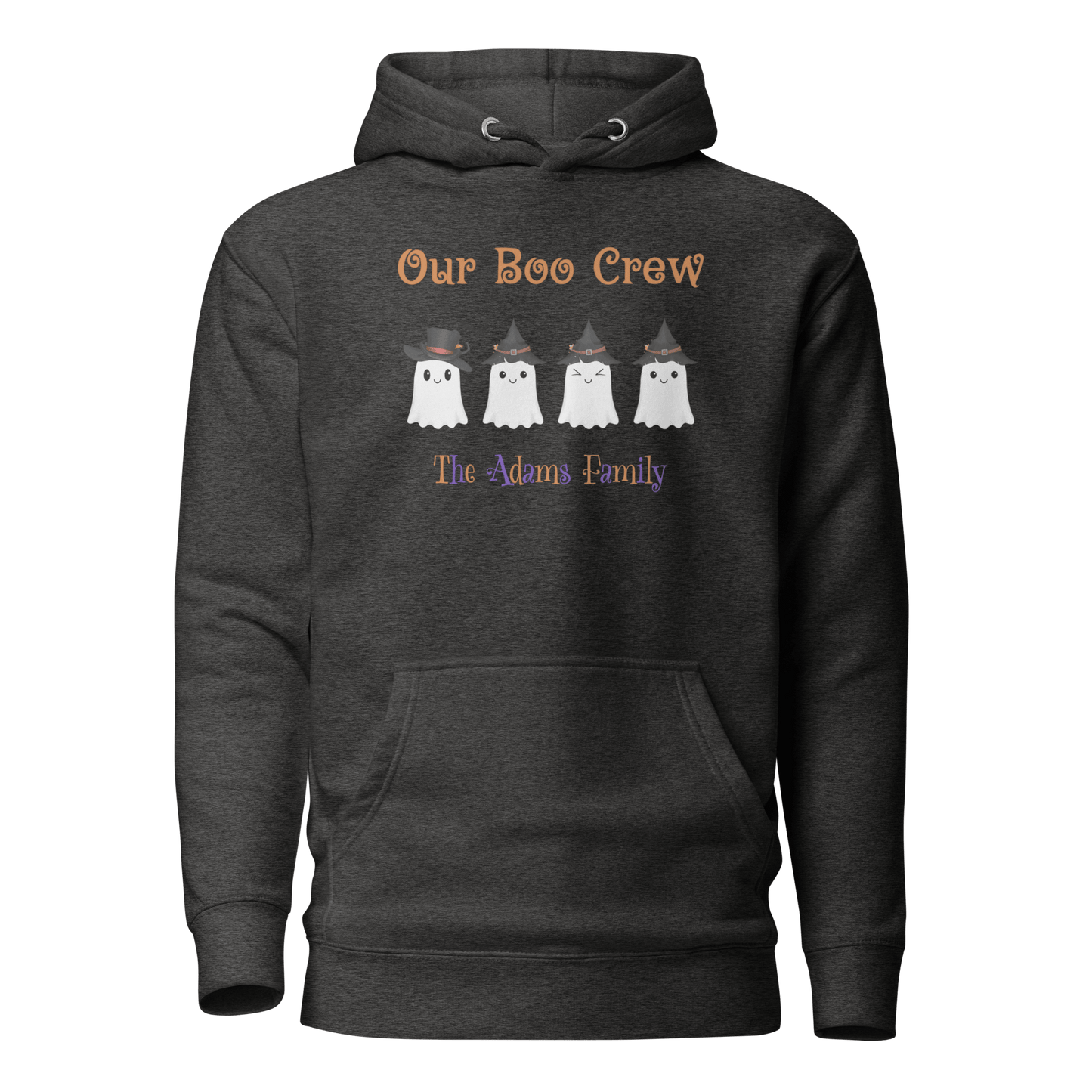 Custom Boo Crew Family Hoodie – Halloween Ghost Parade featuring the Adams Family design with adorable ghosts