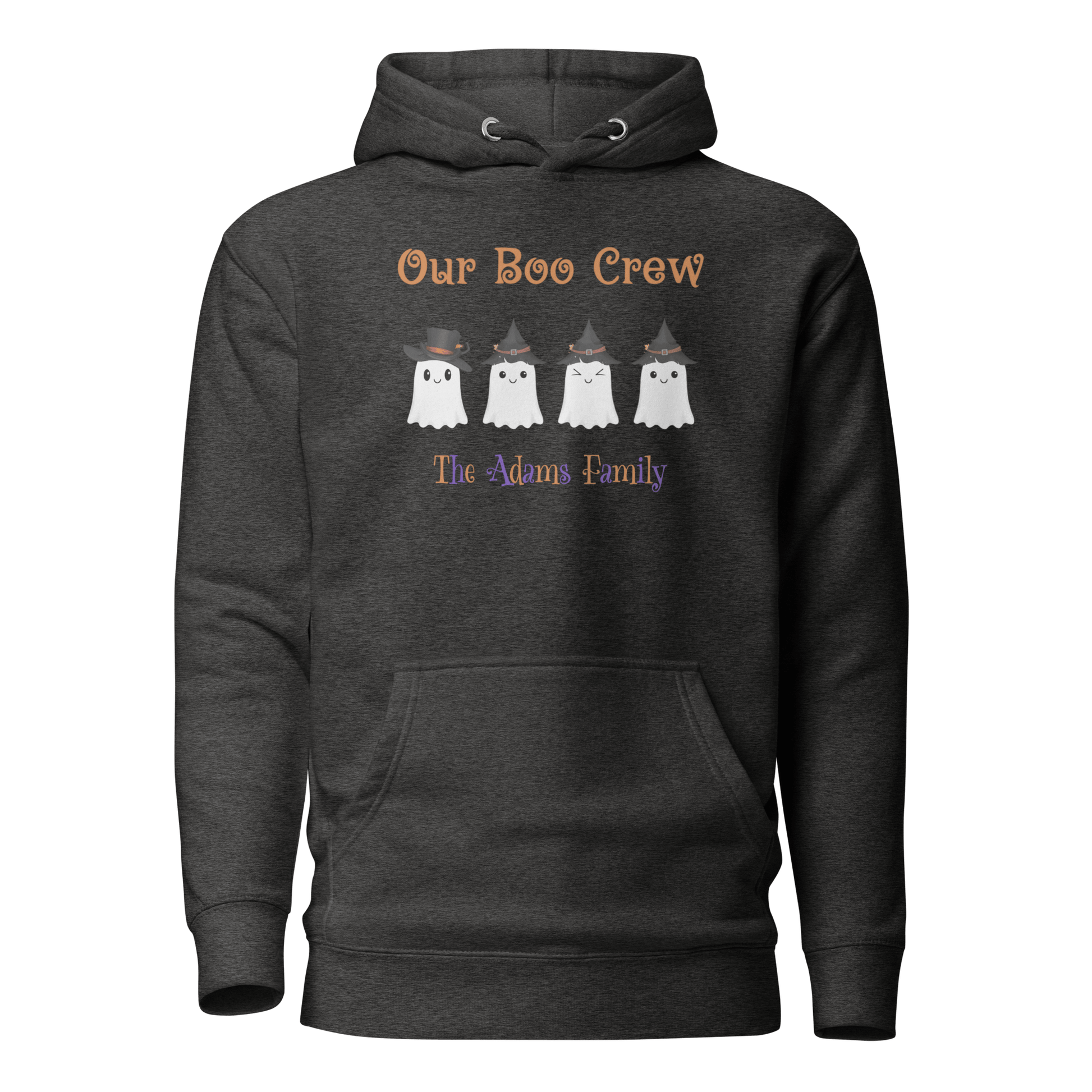 Custom Boo Crew Family Hoodie – Halloween Ghost Parade featuring the Adams Family design with adorable ghosts