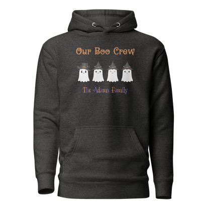 Custom Boo Crew Family Hoodie – Halloween Ghost Parade featuring the Adams Family design with adorable ghosts