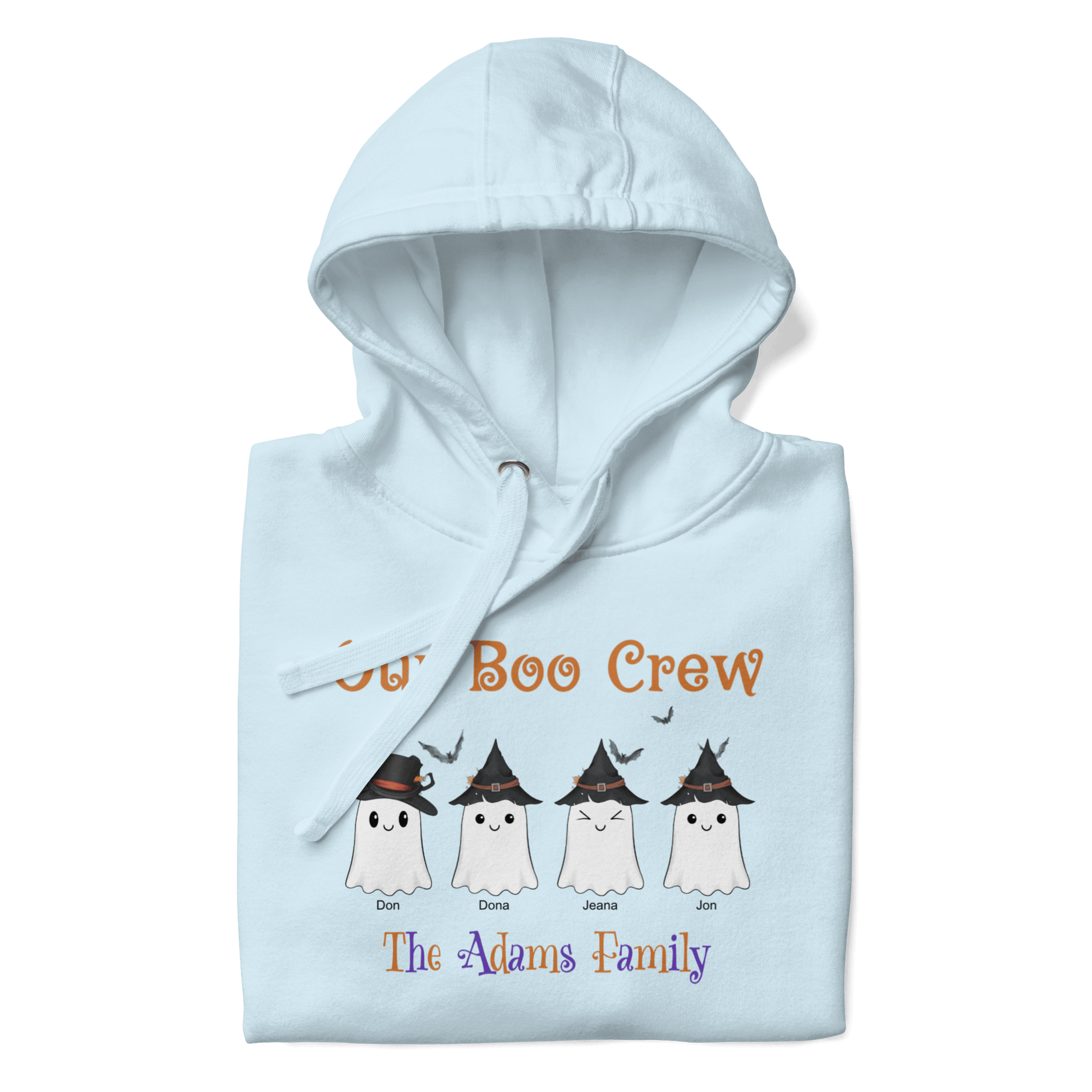 Custom Boo Crew Family Hoodie – Halloween Ghost Parade featuring cute ghost characters with names on blue background.