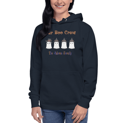 Custom Boo Crew Family Hoodie – Halloween Ghost Parade featuring personalized ghost designs for the Adams family.