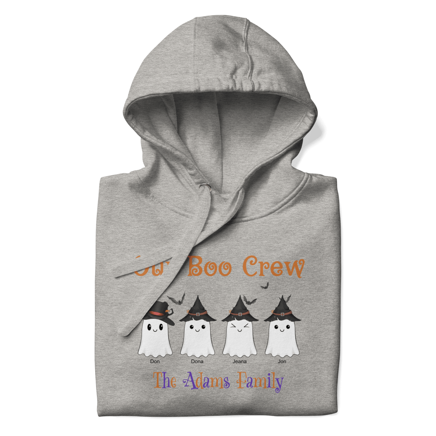 Custom Boo Crew Family Hoodie – Halloween Ghost Parade featuring personalized ghost characters for a spooky celebration.