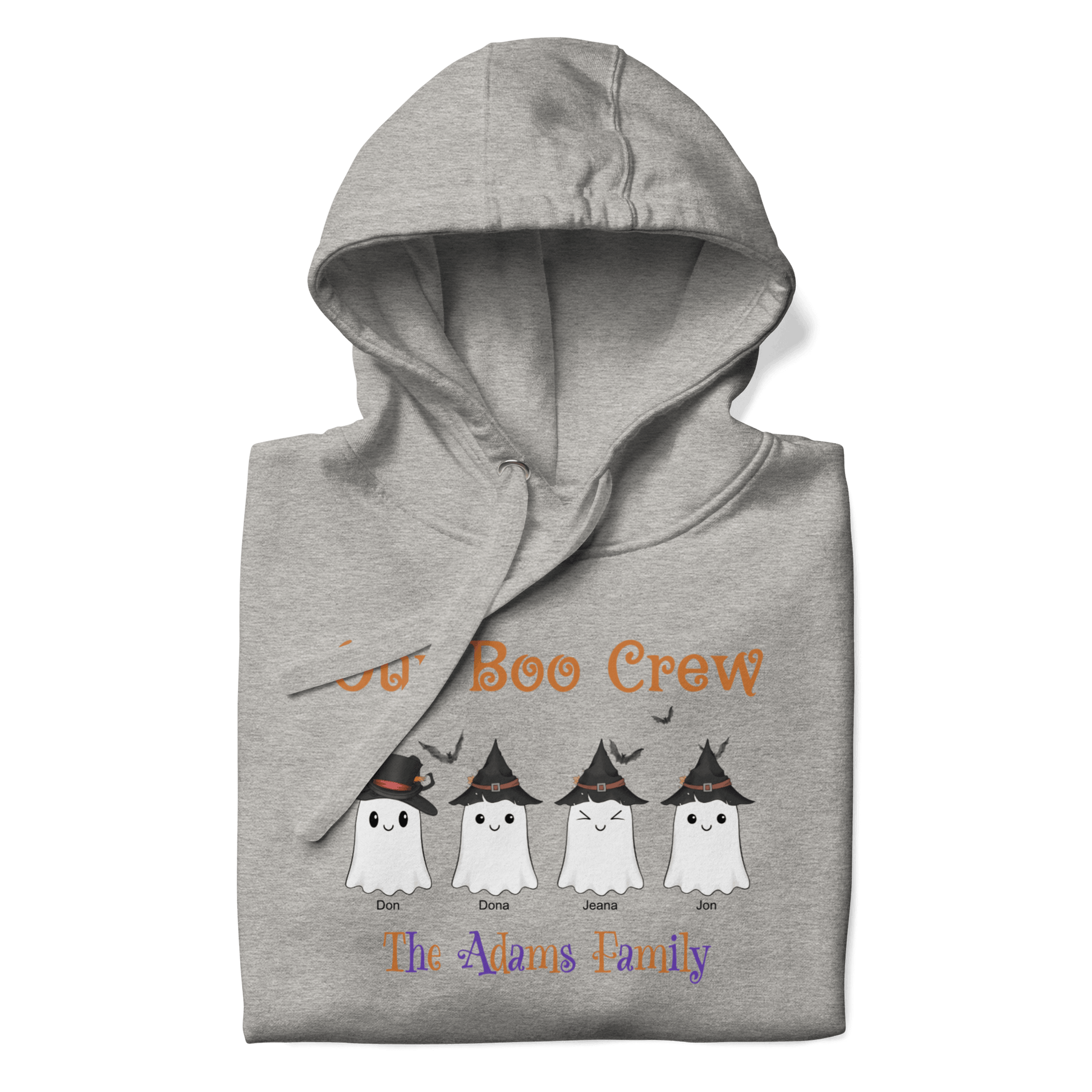 Custom Boo Crew Family Hoodie – Halloween Ghost Parade featuring personalized ghost characters for a spooky celebration.