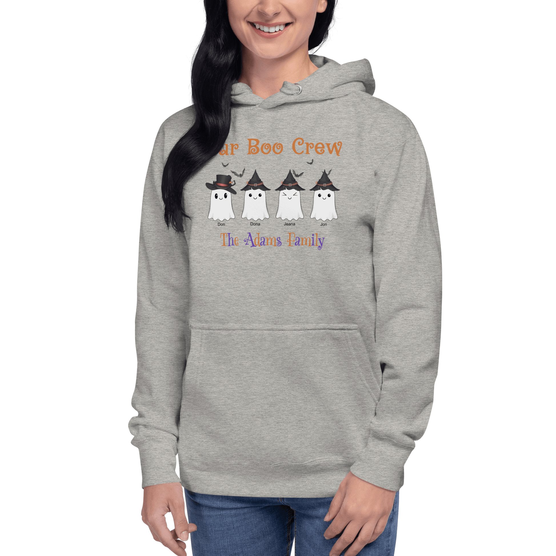 Custom Boo Crew Family Hoodie – Halloween Ghost Parade featuring custom ghost designs for family members.