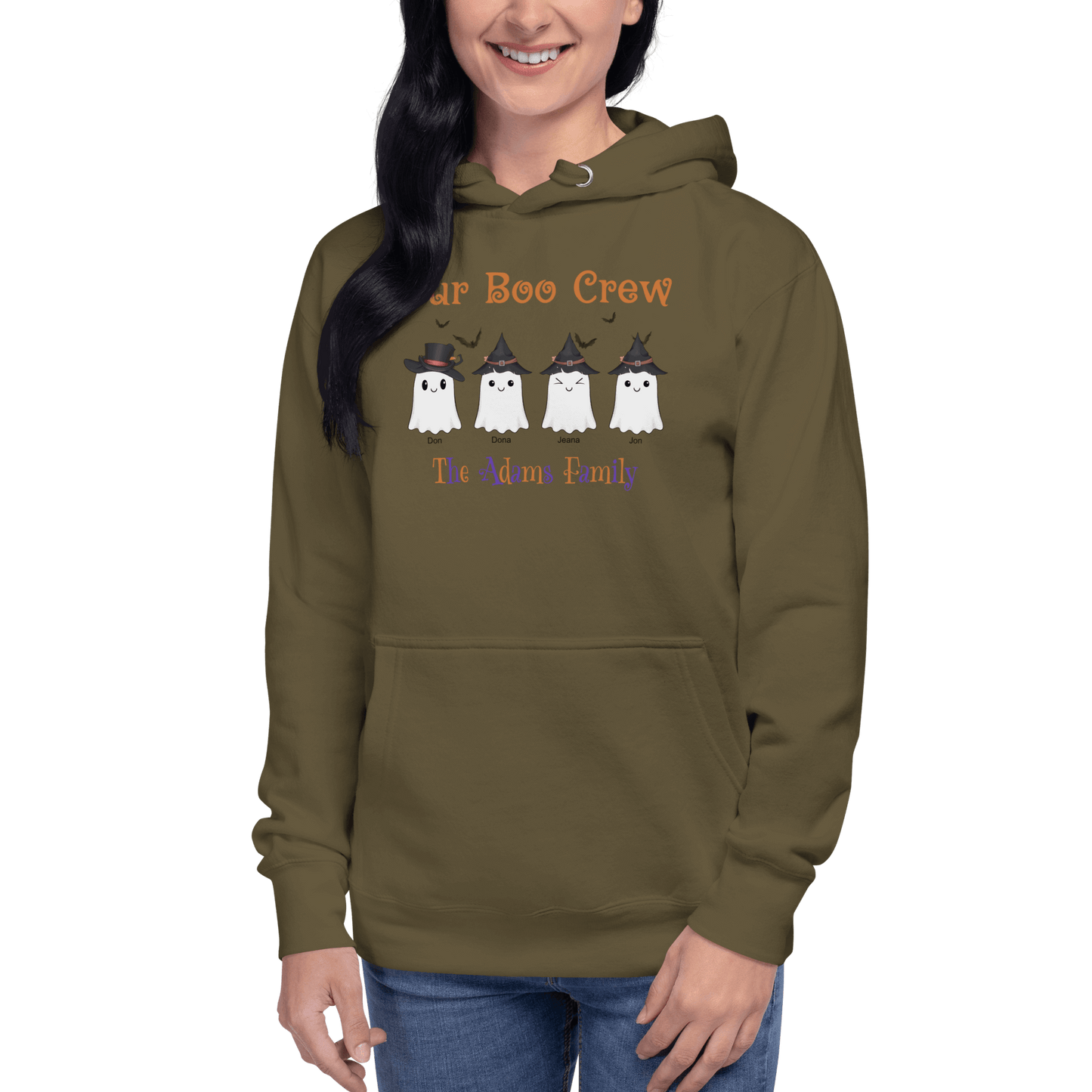 Custom Boo Crew Family Hoodie – Halloween Ghost Parade featuring five cute ghost designs for family fun.