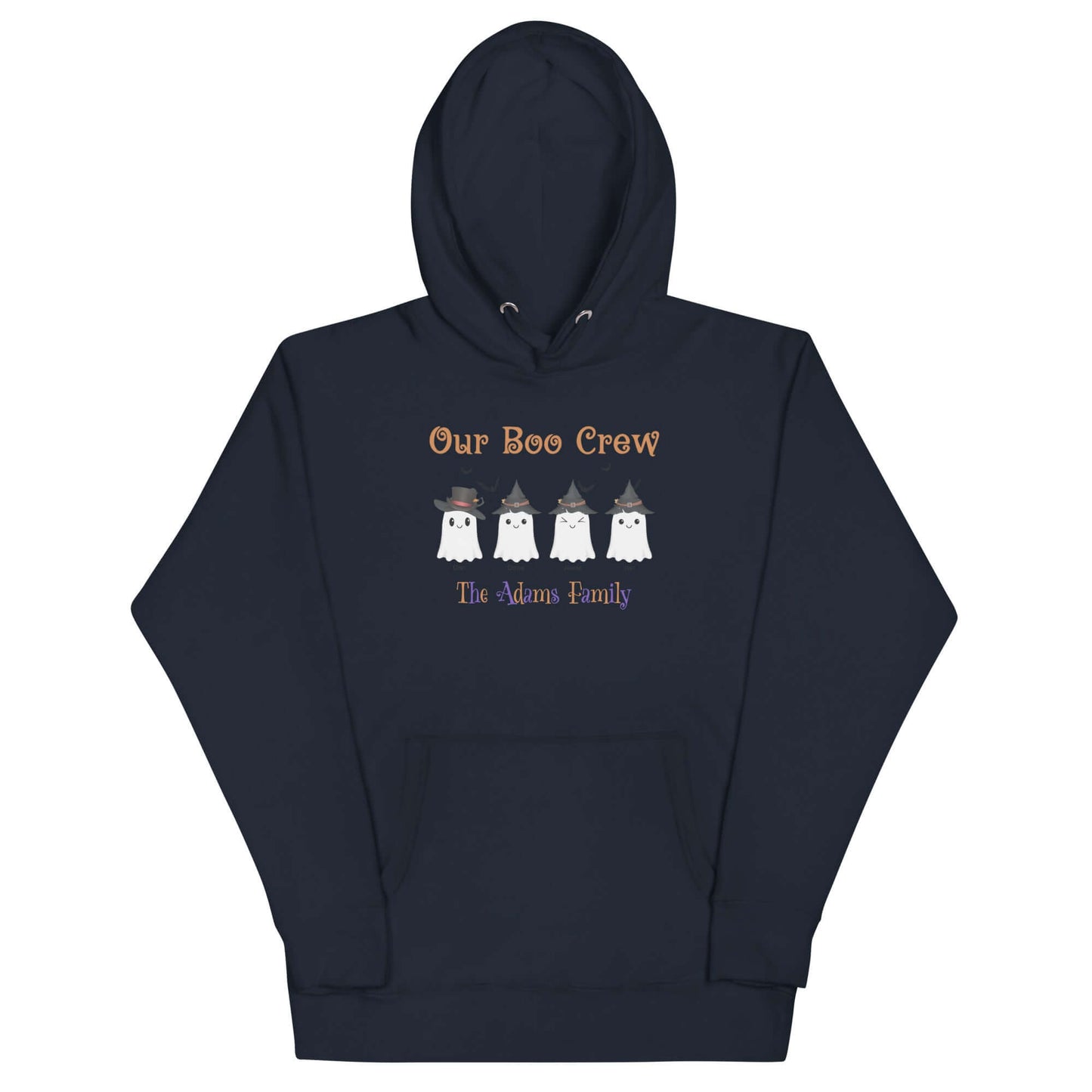 Custom Boo Crew Family Hoodie – Halloween Ghost Parade in navy featuring personalized ghost designs.
